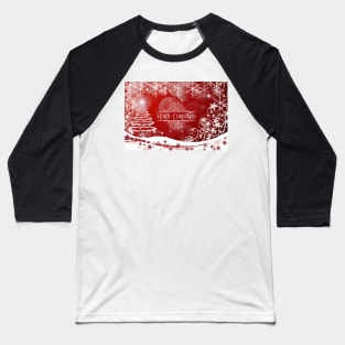 Pretty Xmas Tree and Snowflakes and Merry Christmas Greeting - on Red Baseball T-Shirt